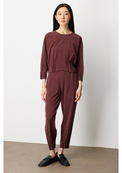 Kadın Beli Lastikli Paçası Dikişli Pantolon 64409 Bordo