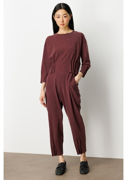 Kadın Beli Lastikli Paçası Dikişli Pantolon 64409 Bordo fiyatları