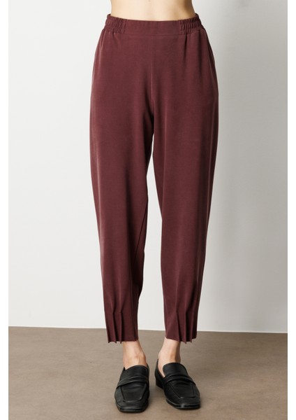 Kadın Beli Lastikli Paçası Dikişli Pantolon 64409 Bordo modelleri