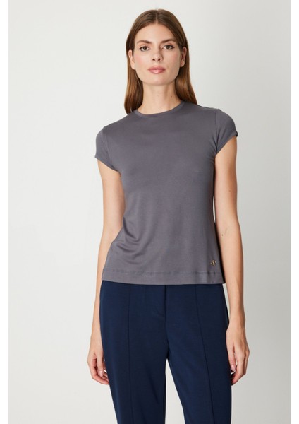 Kadın Sıfır Yaka Ay Kol Basic Bluz 61302 Antrasit