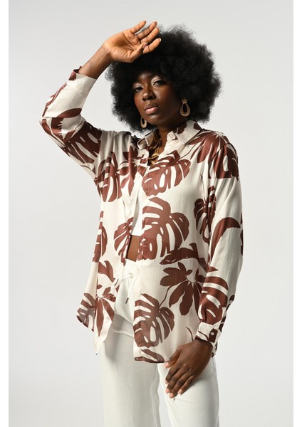 Kadın Yaprak Desenli Oversize Kesim Gömlek fiyatları