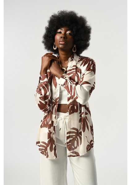 Kadın Yaprak Desenli Oversize Kesim Gömlek modelleri