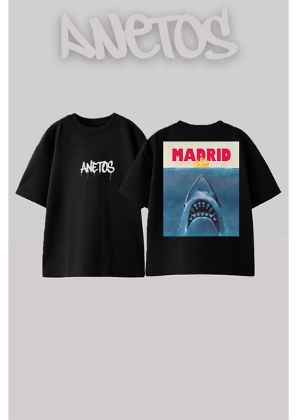 Shark Tasarım Sırt Baskılı Pamuk Siyah Oversize T-Shirt