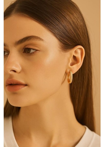 Zirkon Taşlı Altın Kaplama Tam Yuvarlak Küpe- 2 cm