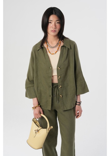 Kadın %100 Keten V Yaka Düz Renk Gömlek