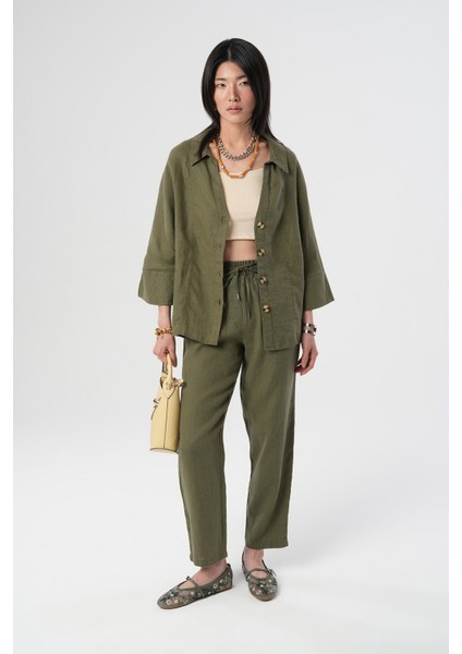 Kadın %100 Keten V Yaka Düz Renk Gömlek modelleri