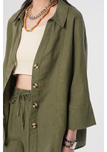 Kadın %100 Keten V Yaka Düz Renk Gömlek fırsatları