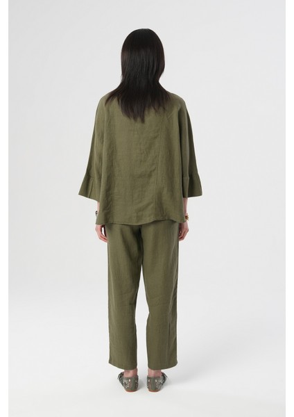 Kadın %100 Keten V Yaka Düz Renk Gömlek indirimleri