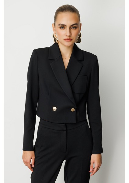 Kadın Kruvaze Yaka Crop Ceket 5029 Siyah