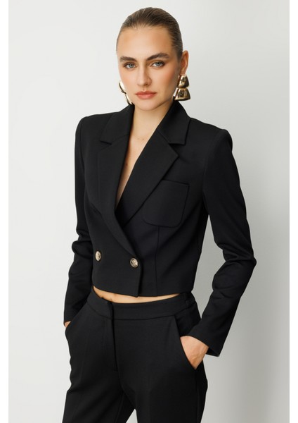 Kadın Kruvaze Yaka Crop Ceket 5029 Siyah fiyatları
