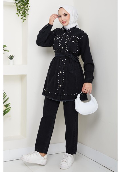 Kadın Inci Detaylı Kemerli Siyah Kot Takım