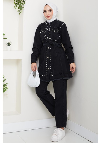 Kadın Inci Detaylı Kemerli Siyah Kot Takım fiyatları