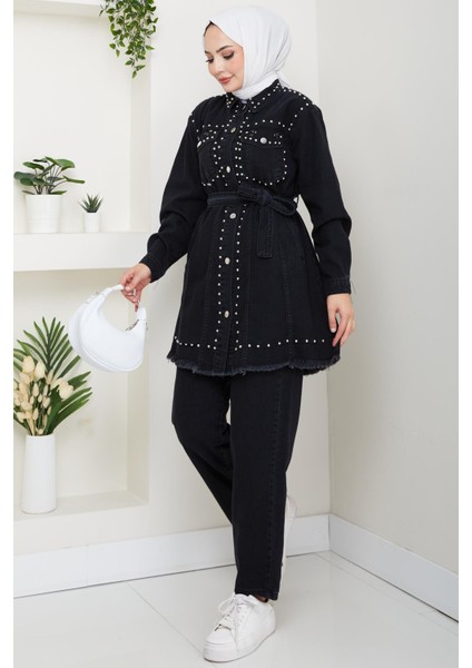 Kadın Inci Detaylı Kemerli Siyah Kot Takım modelleri