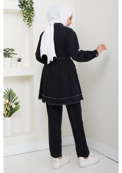 Kadın Inci Detaylı Kemerli Siyah Kot Takım
