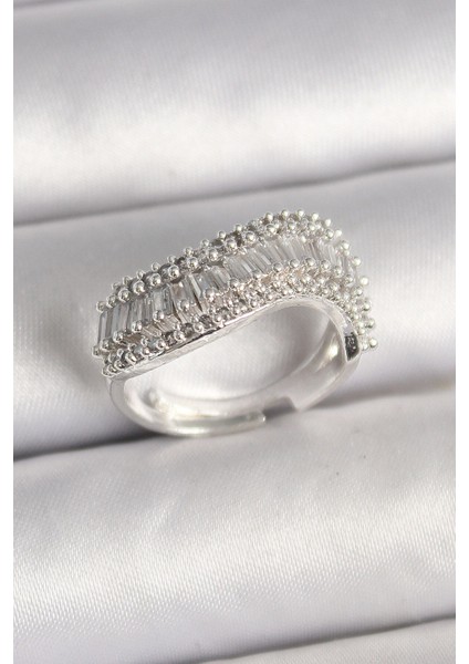 Pirinç Gümüş Renk Su Yolu Zirkon Dalga Model Ayarlanabilir Kadın Yüzük