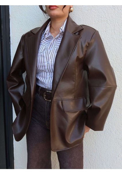 Düz Kesim Deri Blazer Ceket modelleri