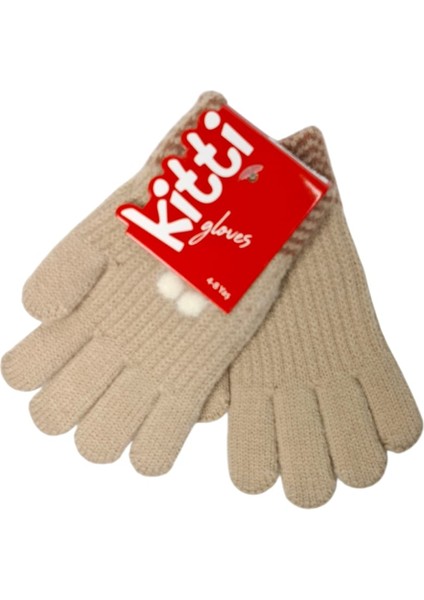 Spteks Kitti 4-8 Yaş Kız Çocuk Bej Renk Çiçek Desenli Kışlık Örme Eldiven