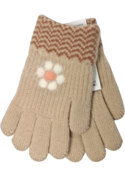 Spteks Kitti 4-8 Yaş Kız Çocuk Bej Renk Çiçek Desenli Kışlık Örme Eldiven modelleri