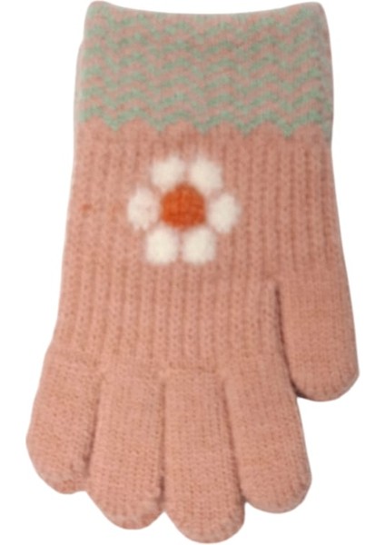 Spteks Kitti 4-8 Yaş Kız Çocuk Pembe Renk Çiçek Desenli Kışlık Örme Eldiven