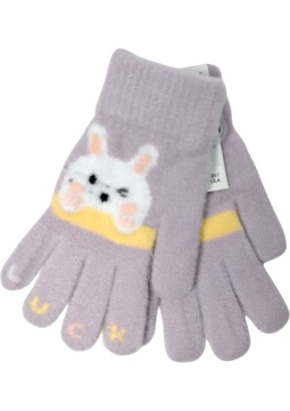 Spteks Kitti 4-8 Yaş Kız Çocuk Lila Renk Hayvan Figürlü Kışlık Örme Eldiven