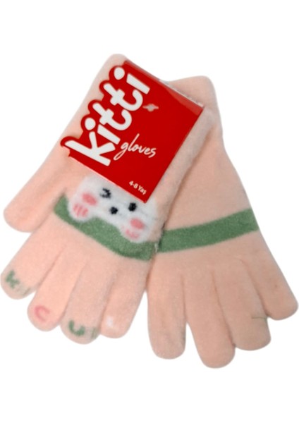 Spteks Kitti 4-8 Yaş Kız Çocuk Pudra Renk Hayvan Figürlü Kışlık Örme Eldiven modelleri