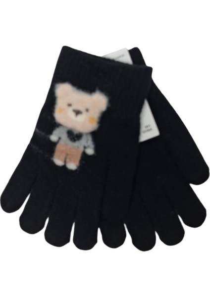 Spteks Kitti 4-8 Yaş Erkek Çocuk Siyah Renk Ayıcık Figürlü Kışlık Örme Eldiven