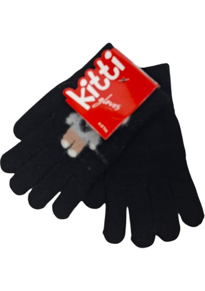 Spteks Kitti 4-8 Yaş Erkek Çocuk Siyah Renk Ayıcık Figürlü Kışlık Örme Eldiven modelleri