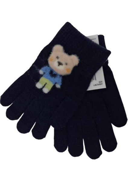 Spteks Kitti 4-8 Yaş Erkek Çocuk Lacivert Renk Ayıcık Figürlü Kışlık Örme Eldiven