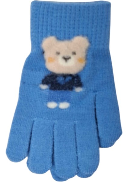 Spteks Kitti 4-8 Yaş Erkek Çocuk Mavi Renk Ayıcık Figürlü Kışlık Örme Eldiven