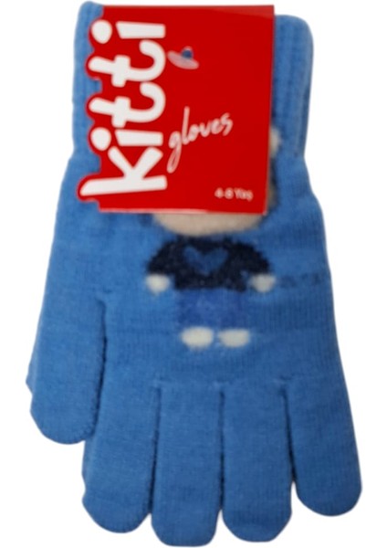 Spteks Kitti 4-8 Yaş Erkek Çocuk Mavi Renk Ayıcık Figürlü Kışlık Örme Eldiven modelleri