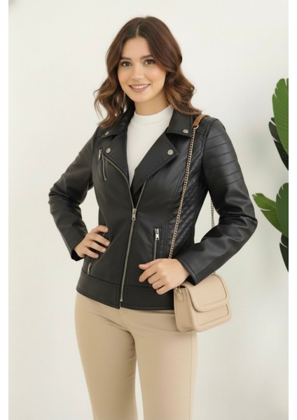 Polar Astarlı Yeni Sezon Kadın Deri Mont KS2565 Siyah - 38