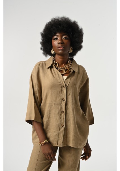 Kadın %100 Keten Truvakar Kollu Düz Renk Tek Cepli Gömlek