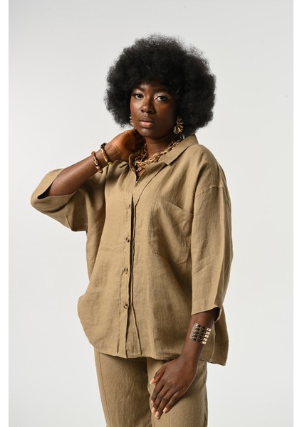 Kadın %100 Keten Truvakar Kollu Düz Renk Tek Cepli Gömlek fiyatları