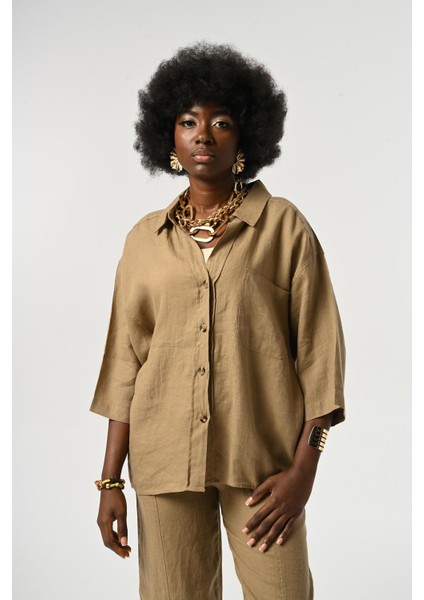 Kadın %100 Keten Truvakar Kollu Düz Renk Tek Cepli Gömlek modelleri