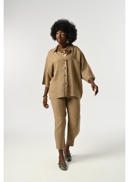 Kadın %100 Keten Truvakar Kollu Düz Renk Tek Cepli Gömlek fırsatları