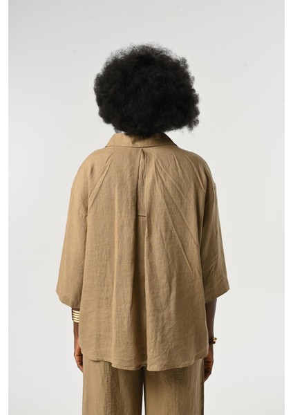 Kadın %100 Keten Truvakar Kollu Düz Renk Tek Cepli Gömlek indirimleri