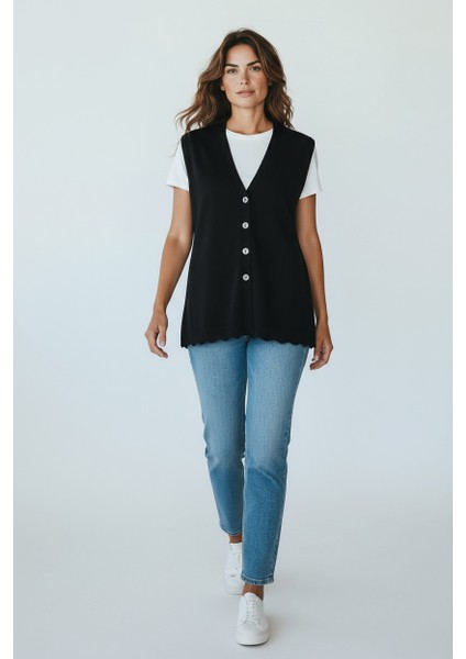 Kadın Önü Düğmeli Cepli Kalın Kışlık Kısa Yelek Mersa5