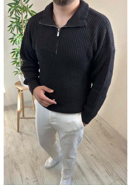 Erkek Siyah Fermuarlı Oversize Triko Kazak