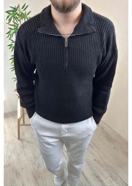 Erkek Siyah Fermuarlı Oversize Triko Kazak fiyatları