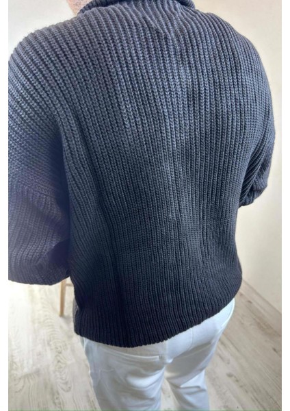 Erkek Siyah Fermuarlı Oversize Triko Kazak modelleri