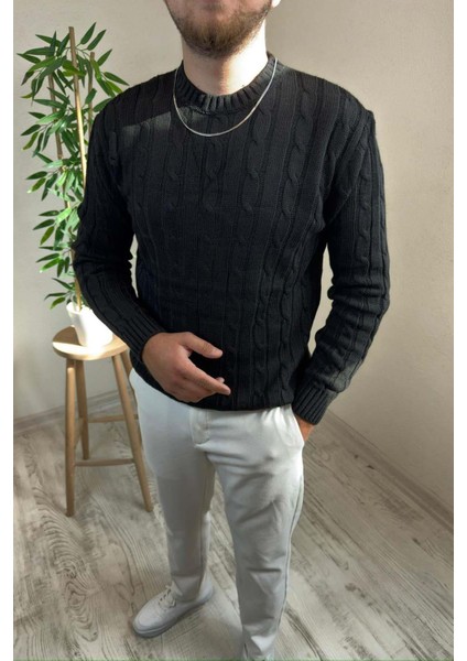 Erkek Siyah Örgülü Slim Fit Bisiklet Yaka Triko Kazak