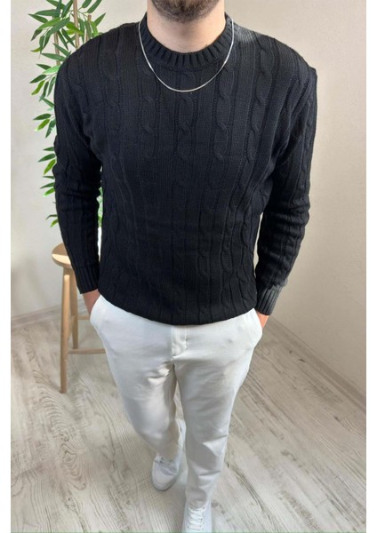 Erkek Siyah Örgülü Slim Fit Bisiklet Yaka Triko Kazak fiyatları