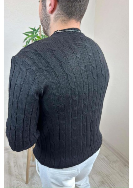 Erkek Siyah Örgülü Slim Fit Bisiklet Yaka Triko Kazak modelleri