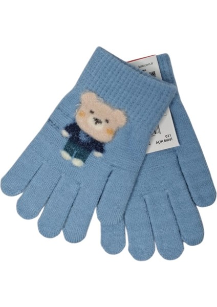 Spteks Kitti 4-8 Yaş Erkek Çocuk Açık Mavi Renk Ayıcık Figürlü Kışlık Örme Eldiven