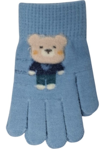 Spteks Kitti 4-8 Yaş Erkek Çocuk Açık Mavi Renk Ayıcık Figürlü Kışlık Örme Eldiven modelleri