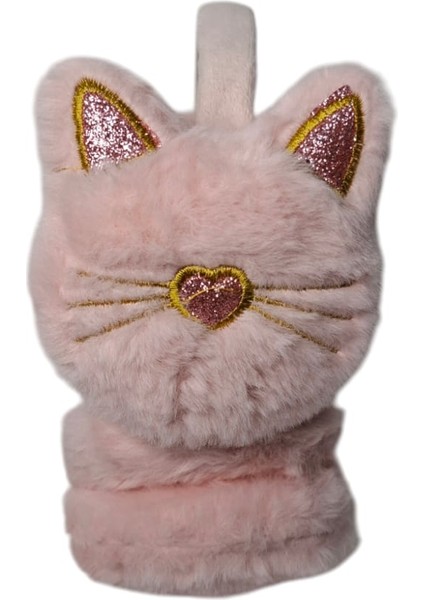 Spteks Kepp Model Kız Çocuk Pembe Renk Kedi Figürlü Sıcak Tutan Kışlık Peluş Kulaklık