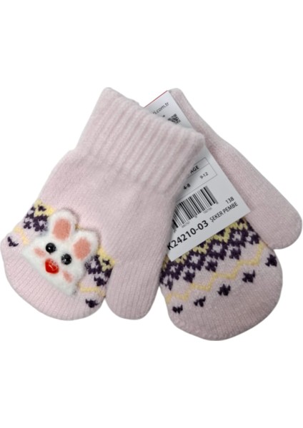 Spteks Kitti 1-3 Yaş Kız Bebe Açık Pembe Tavşan Figürlü Kışlık Örme Eldiven