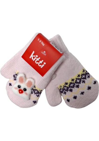 Spteks Kitti 1-3 Yaş Kız Bebe Açık Pembe Tavşan Figürlü Kışlık Örme Eldiven modelleri
