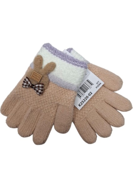 Spteks Kitti 3-6 Yaş Kız Çocuk Pudra Renk Tavşan Figürlü Kışlık Örme Eldiven