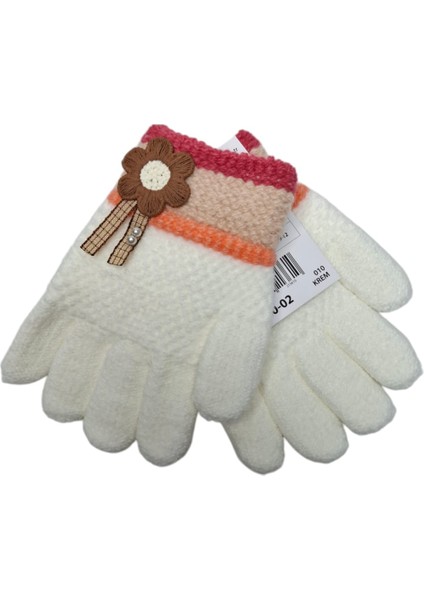 Spteks Kitti 3-6 Yaş Kız Çocuk Krem Renk Çiçek Figürlü Kışlık Örme Eldiven